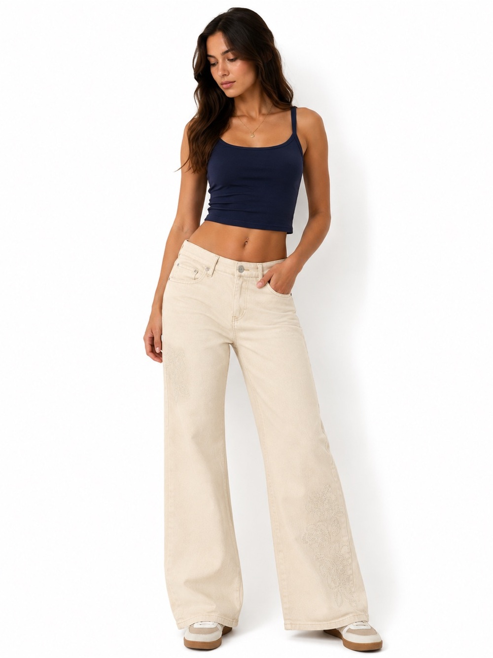 High-Rise Wide-Leg Jeans in Light Beige